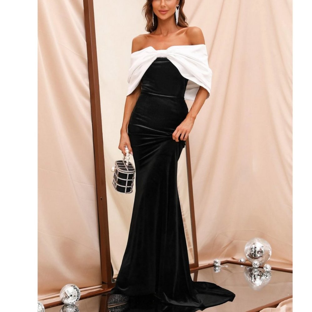 Color Block Off Shoulder Ruched Bust Velvet Prom Dress black - Picture 1 of 8